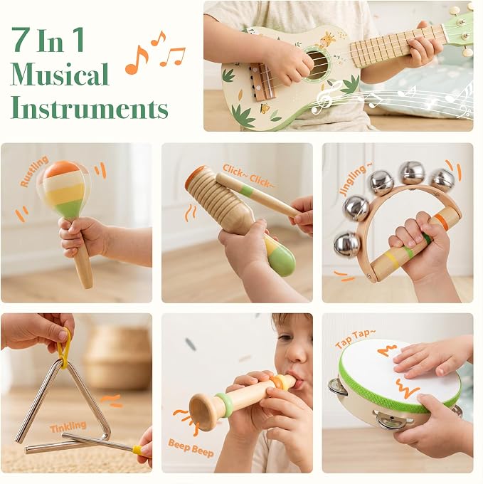 Toddler Guitar Set, 7-in-1 Wooden Baby Musical Instruments Band Includes 17" Ukulele, Maracas, Drum, Trumpet & More - Perfect Toy for Kids Ages 1-5, Ideal Gift for First Birthday Christmas