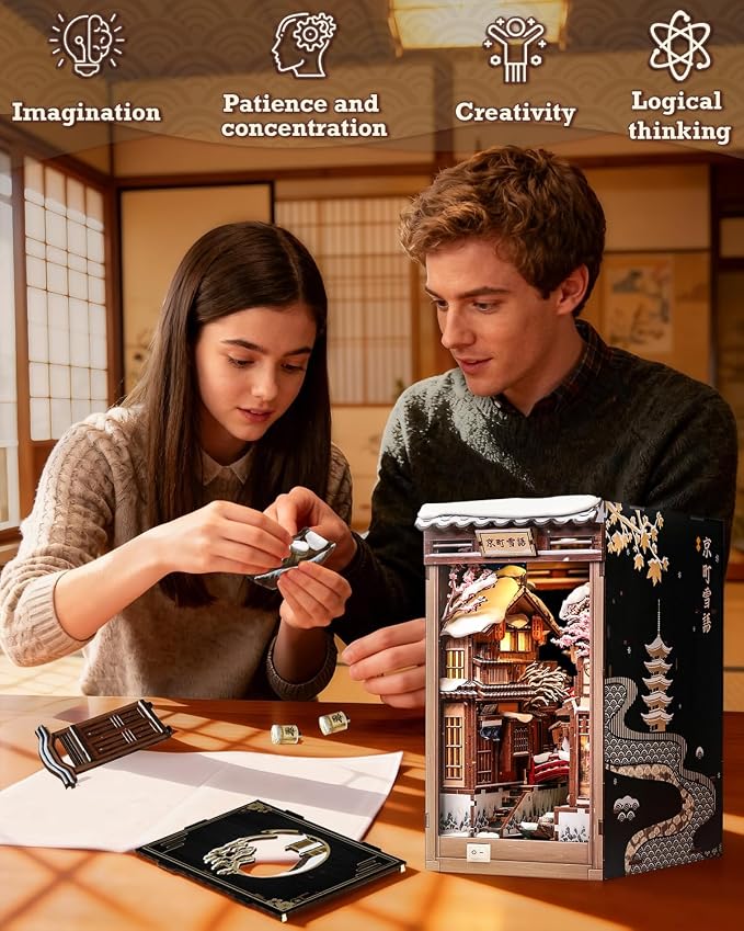 CUTEBEE Book Nook Kit - Japanese Style DIY Miniature Winter House, LED Light Bookshelf Decor Alley Dollhouse for Adults Teens, Gifts for Family (Kyoto Snow Whisper)