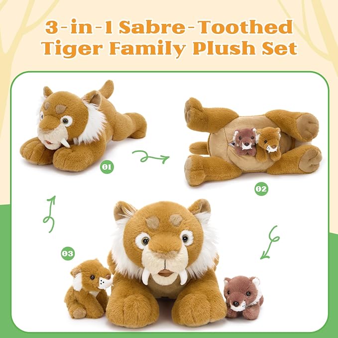 Tezituor Tiger Stuffed Animal,Tigers Plush Toys Set,17.7in Large Mommy Smilodon with 2 Babies,Realistic Wild Saber Tooth Tigers Plushie Stuffy Gift for Kids Boys Girls Easter Valentines Christmas