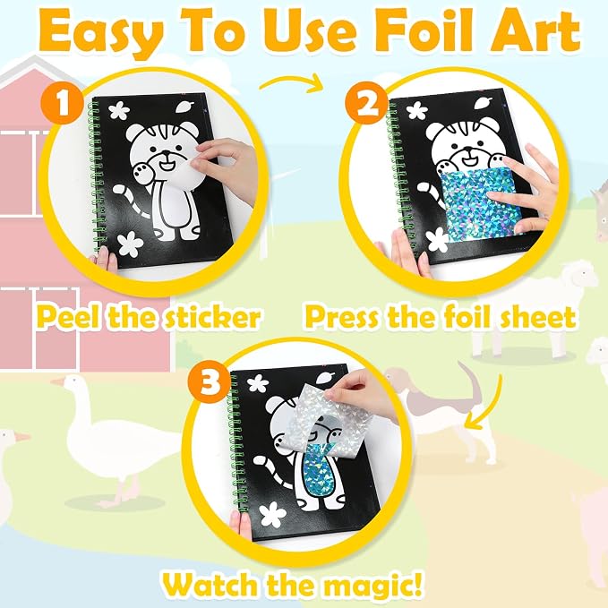 FUNNYB&G Foil Art Craft Kit for Kids 4-10 Years Old: Mess-Free & No-Glue, Create 16 Sparkly Dinosaur& Animal Pictures – Perfect Travel Toy & Birthday Gift for Kids (Dinosaur Animal)