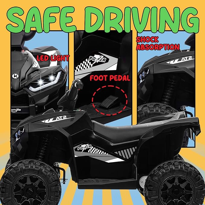 KerryYoo AT2 Kids ATV,12V 4 Wheeler for Kids 3-6,Electric Toddler Ride On Toys,Remote Control, High/Low Speeds, LED Lights, Bluetooth, and Off-Road Tires - Black