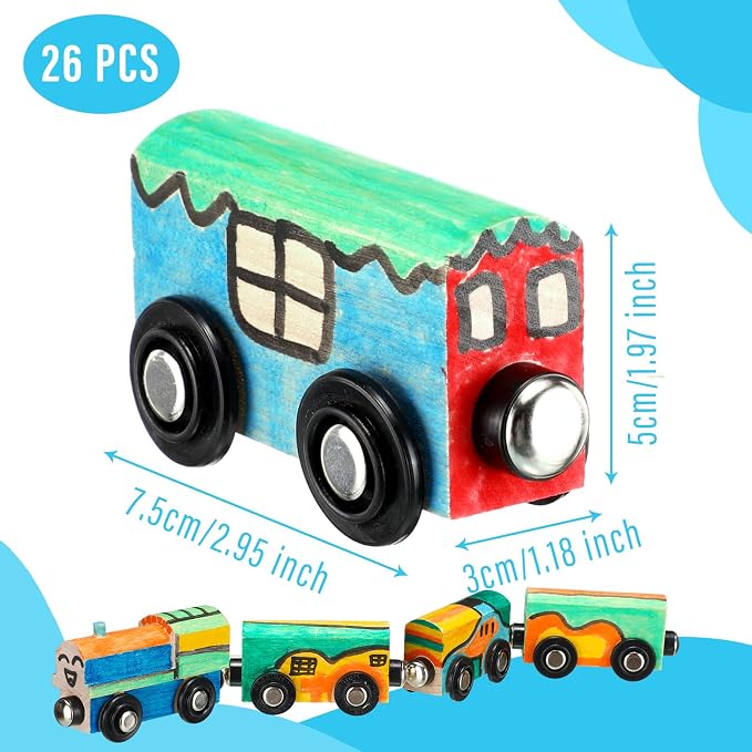 Lenwen 26 Pcs Unpainted Magnetic Wooden Trains Cars Unfinished Party Favors Wood Train Set for Birthday Party Supplies Paint Project Craft DIY Decorations(Classic Style)