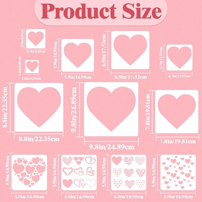 12 PCS Love Heart Stencils for Painting - Different Size Love red Heart Reusable Valentine's Painting Templates on Wood, Glass, Fabric, Window Door Decor DIY Decoration