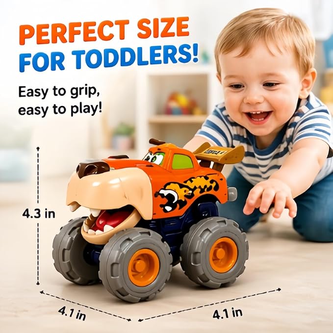 MOONTOY Toy Cars for Toddlers 1-3, 3 Pack Monster Truck Toys for 1 2 3 Year Old Boy Gifts, Baby Animal Play Vehicle Push Pull Back Truck for 12-18 Months 2-4 0-2 1-2 One Year Old Boy 1st Birthday Gift