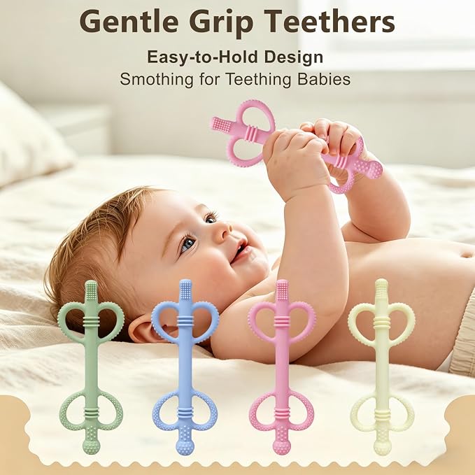 4 Pack Sensory Baby Teething Tubes, Silicone Baby Teether Toys with Easy-Hold Love Handle, Dual-Sided Textures, Soothe Sore Gums, BPA-Free Hollow Teething Straws for Babies 3+ Months (Style A)