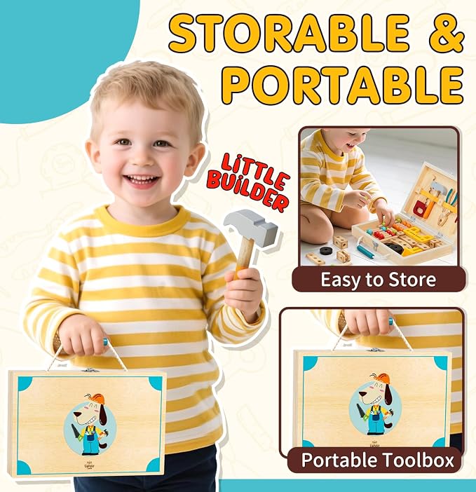 Lehoo Castle Kids Tool Set with Toolbox, Wooden Toys for 3 4 5 Years Old Boy Birthday Gift, Construction Play Tools, STEM Learning Toys for Preschooler, Pretend Play Gifts for Christmas