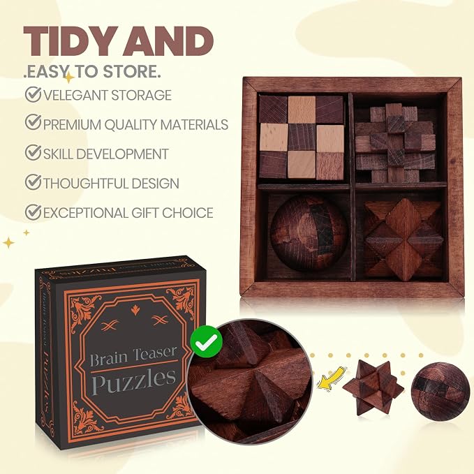Wooden Brain Teaser Puzzles for Adults Teens - Brain Teaser Puzzles with Wooden Box 3D Puzzle Game Toys for Adults Teens - Unlock Interlocking Puzzle Adults Teens IQ Education Smart Toys