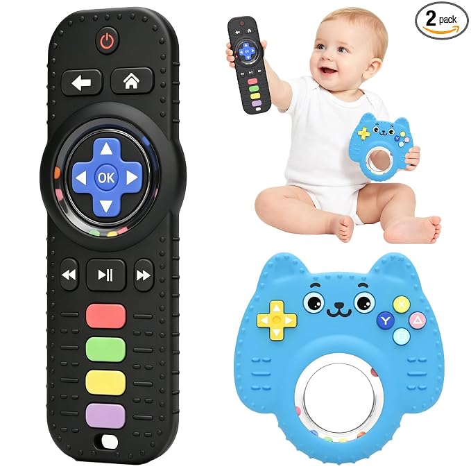 Chuya 2 Pack Baby Toys for Infants 0-24 Months, Remote Control Teether | Silicone Baby Rattles with Sensory Relief, Gift for Boys Girls