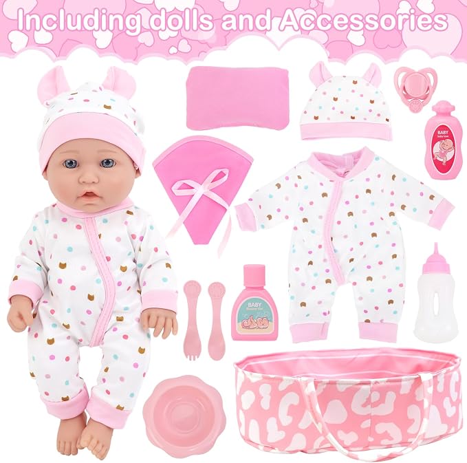 ZITA ELEMENT 12″ Baby Doll with Sleeping Carrier Bassinet Bed Set in Gift Box - 13 Piece Soft Baby Doll with Accessories, for Girls Ages 3+