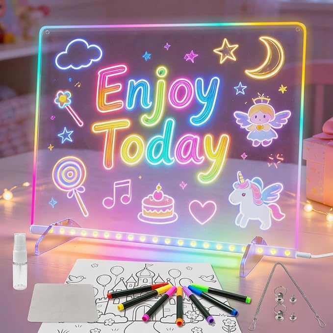 LED Note Board with Colors, 13.7"X10" 6 Modes & 8 Colors Acrylic Dry Erase Boards with Light, Led Drawing Board for Kids with Stand,Birthday Holiday Day Gifts for Girls & Boys Age 3+