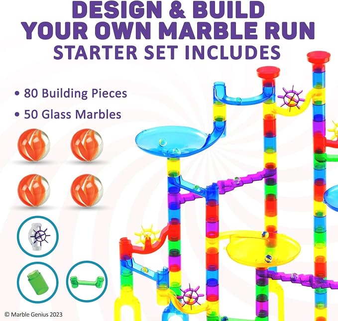 Marble Genius Marble Run Starter Set, STEM Toys & Maze Construction Building - 130 Translucent Track Pieces & Glass Marbles for Family, Kids Toddlers Ages 4-8 - Fun Gifts