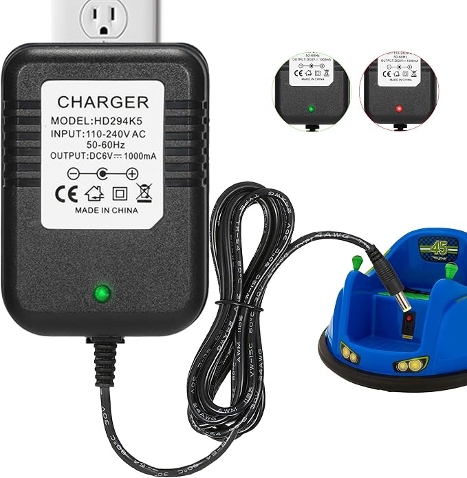 6 Volt Charger for Flybar/Kidzone Bumper Car，Replacement Chargers for Kids Ride On Car Toys，6V Battery Charger for Ride on with Charging Indicator Light,Input: AC110-240V,Output: 6V 1A