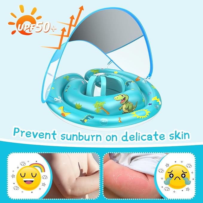 LAYCOL Baby Pool Float with Canopy UPF50+, 120°Adjustable Sun Protection and Anti-Tip Safety Seat, Inflatable Toddler Floaties Infant Pool Float with Animal Pool Toys, Baby Beach Essentials for 6-36M