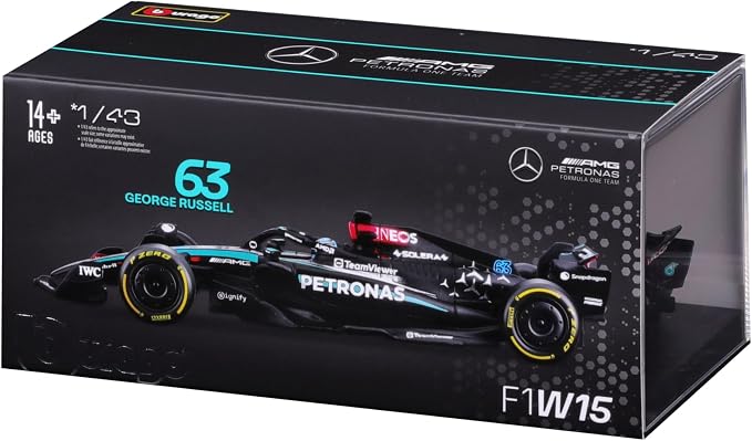 Bburago 1:43 Scale 2024 Formula Race Mercedes W15 Diecast Vehicle with Helmet, Russell #63