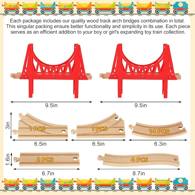 JarThenaAMCS Wood Train Track Expansion Set Suspension Bridges Wooden Train Track Connectors and Adapters for Most Major Toy Train Tracks Railway Accessories, 24Pcs