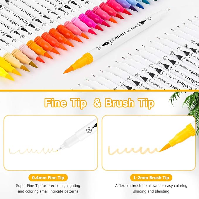 Caliart 72 Colors Double Tip Brush Pens Art Markers, Artist Fine & Brush Coloring Markers for Adult Book Journaling Calligraphy Lettering Planners Cards Drawing Craft Kit Teacher Office Supplies