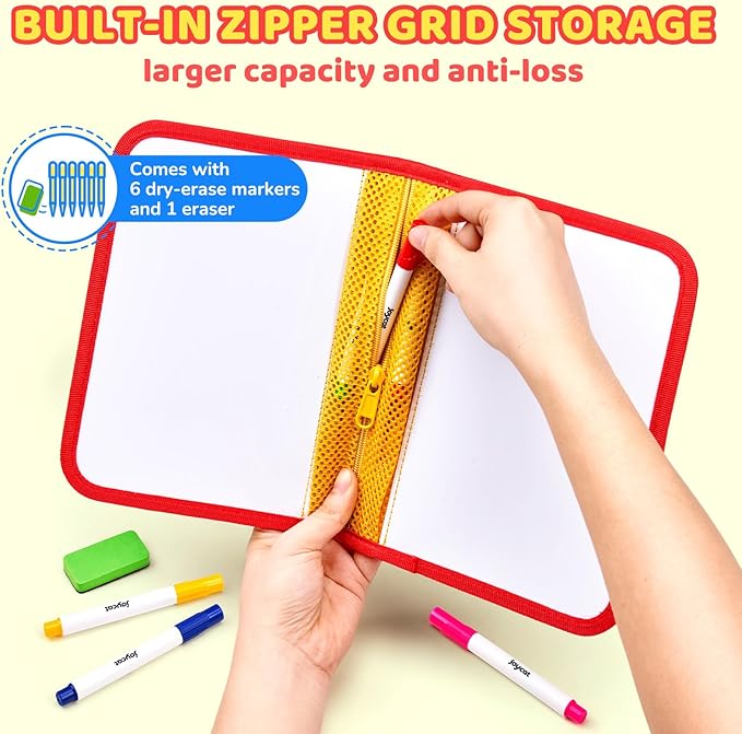 10-Inch Dual-Sided Dry Erase Travel Board for Kids with Zippered Storage - Portable Whiteboard Set with 6 Markers, Eraser.Coloring & Drawing Busy Book, Lightweight Foldable Activity Gifts for Kid
