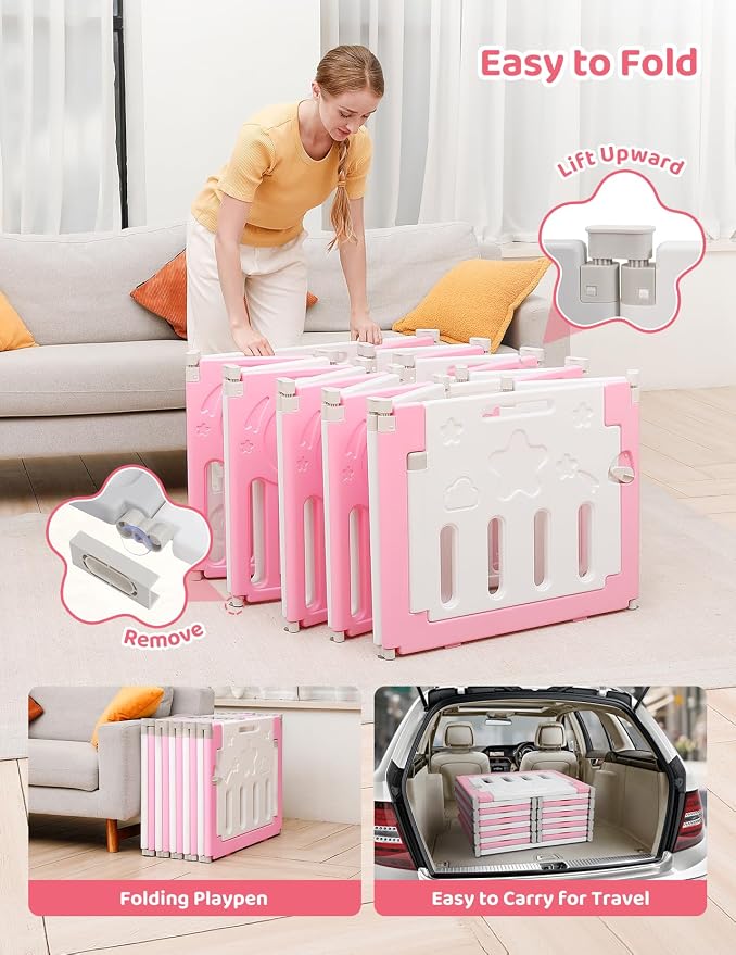 Dripex Baby Playpen, 18-Panel Foldable Playard for Toddlers 6-36 Months, Adjustable & Portable Indoor Outdoor Safety Play Area with Anti-Pinch Design, Game Panel and Safety Gate, Pink White