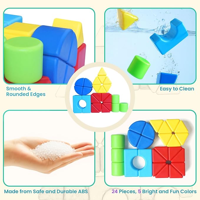 1.65 Inch Magnetic Building Blocks, 3D Shapes Large Magnetic Blocks for Kids Ages 4+, 24PCS Educational Construction Blocks for Boys and Girls