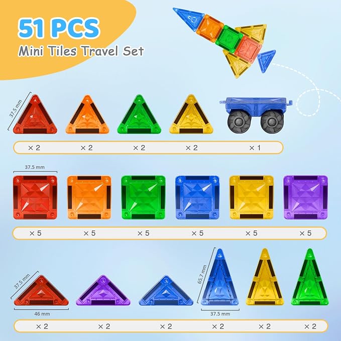 Mini Magnetic Tiles, 51 PCS Travel Magnetic Tiles Set in Iron Box with Magnetic Car - Portable STEM Building Toys, Brand-Compatible, Perfect Educational Gift for Kids Ages 3 4 5 6 7 8 9