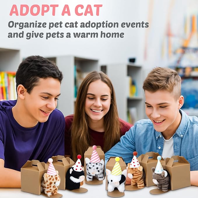10 Set Kittens Stuffed Animals Bulk with 10 Birthday Hats 10 Kraft Paper Boxes Mini Plush Toys Small Stuffed Cat Pet Gifts for Kids, School Birthday Animal Decor(Standing Style)
