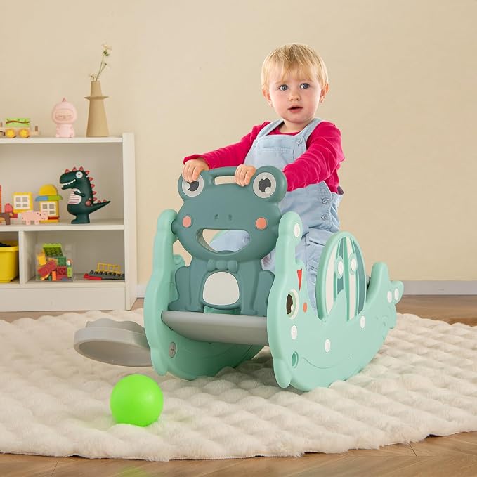 Costzon 4 in 1 Toddler Slide Rocking Toy, Slide for Kids with Basketball Hoop, Rocking Horse, Climber Playground for Both Indoors Outdoor Use (Green Frog)