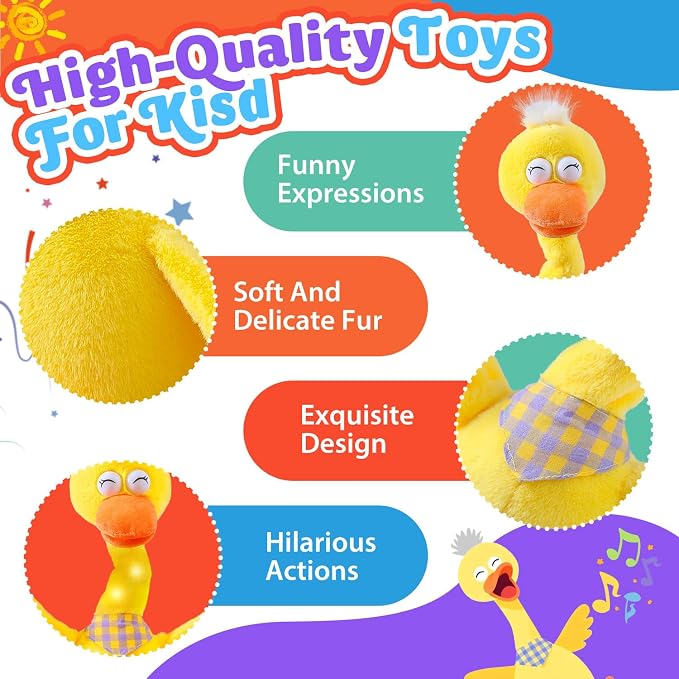 Marsjoy 13" Talking Dancing Duck, Repeating What You Say Mimicking Recording Plush Baby Toy Musical English Song Singing Talking Glowing Animated Twisting Gift of Lighting Up Toy for Boy Kid