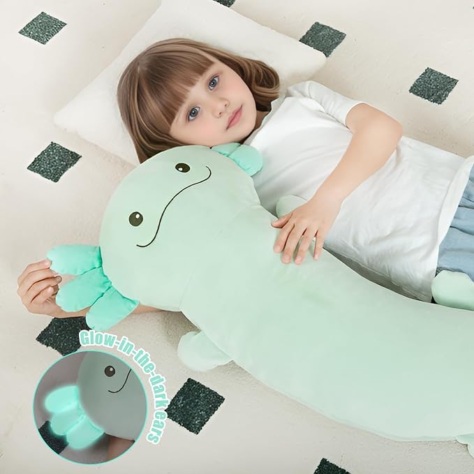 Tianmihou 48 inch Giant Axolotl Plush Stuffed Animal, Big Light Green Axolotl Glow in The Dark Fluorescent Plushies, Jumbo Stuffy Body Pillow Gifts for Kids Adults, Birthday