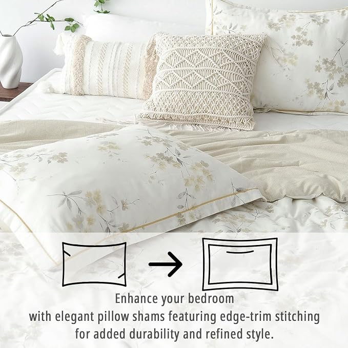 LEMIROE Floral Cotton Comforter King Size - Cream Comforter with Luxurious Grey Branches & Subtle Beige Blossoms,Reversible Lightweight Bedding Sets 3Pcs(104"×90")