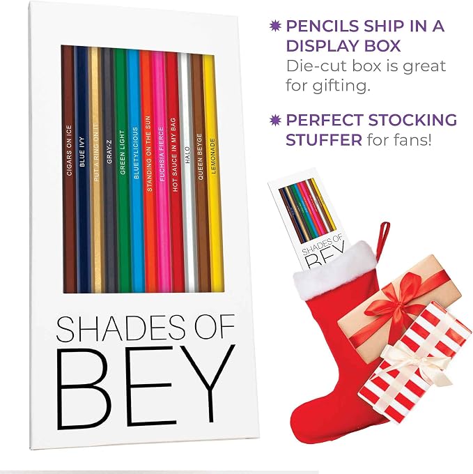 PunLabs Shades of Bey Colored Pencil Set for Adults – 12 Beyoncé-Inspired Parody Pencils with Clever Foil-Stamped Names, Soft Core Colored Pencils, Ideal Beyoncé Merch & Beyoncé Gifts for Fans