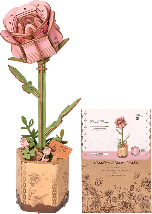ROBOTIME 3D Wooden Flower, Pink Rose TW041 DIY Craft Kit for Adults, Artificial Floral Decor for Table, Centerpiece, Gift for Women