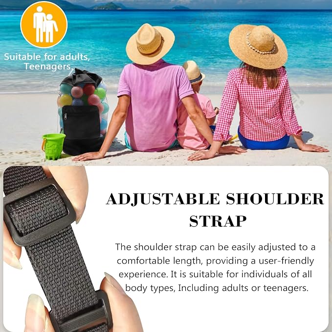 INVODA Mesh Beach Bag Drawstring Beach Backpack Foldable Toy Organizer Bag Shell Adjustable Straps Large Capacity Swim Bag