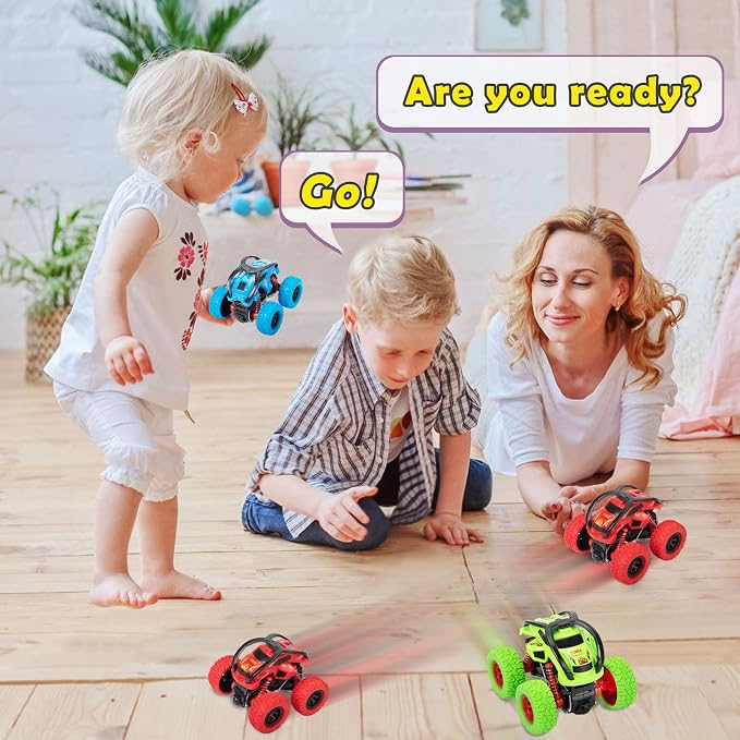 LODBY Monster Trucks Toys for Boys - Toddler Push and Go Truck Race Cars for Kids Party Favors Ages 2-4 3-5, Flip Stunt Car Toys for 2 3 4 5 6 Year Old Boy Birthday Gifts