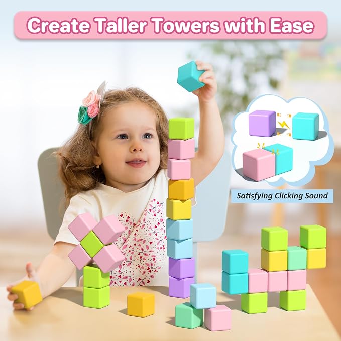 Magnetic Blocks for Toddlers 3+, 56PCS 1.34in Large Macaron Magnet Building Cubes for Kids, Stem Preschool Stack Construction Educational Toys for 3-5 Years Old Boys Girls