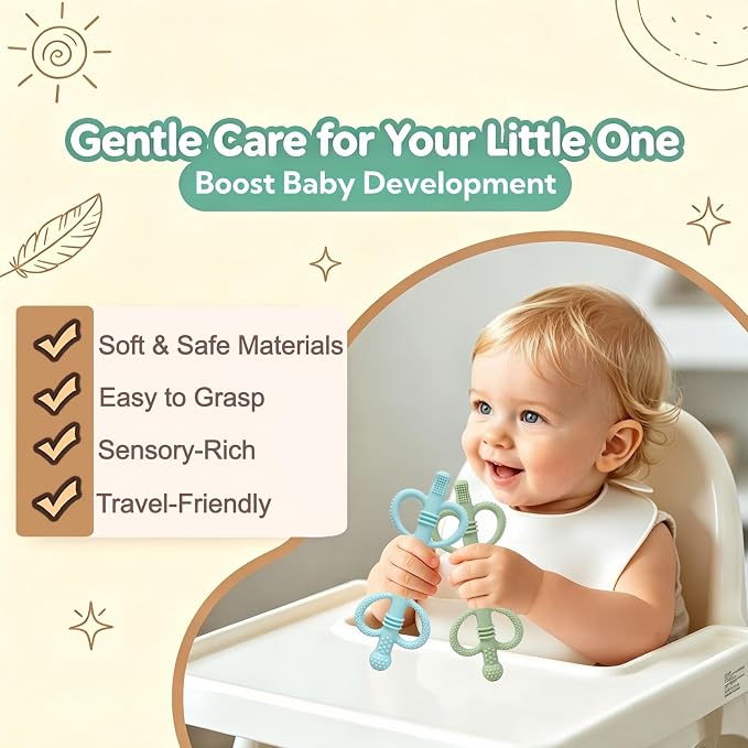 4 Pack Baby Teething Toys, Heart-Shaped Easy-Grip Silicone Teething Sticks, BPA-Free Multi-Texture Teething Tubes, Sensory Chew Toys to Soothe Gums 3-36 Months with Cleaning Brush