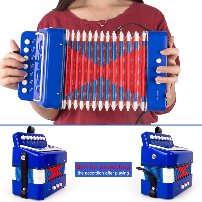 Horse Kids Accordion, 10 Keys Button Control Kid Accordions Musical Instruments for Child Children Toddlers Beginners Accordian Lightweight 7 key 3 Bass Mini Acordeón Toy Acordeones Para Miños Blue