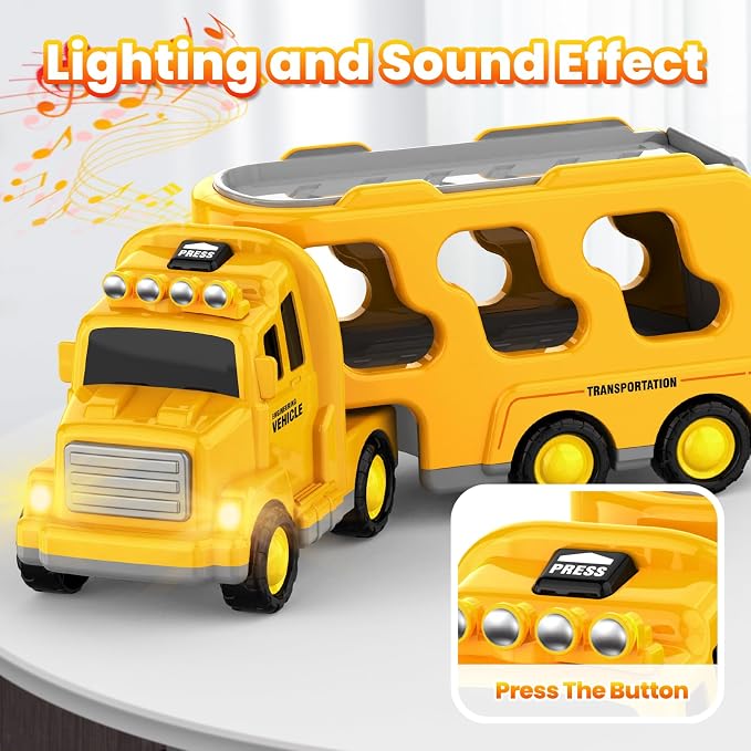 FunMission Toddlers Construction Toys for Kids 3-9 Year Old，5 in 1 Friction Power Vehicle Car for 3 4 5 6 7 Years Old Boys Girls，Carrier Truck Transport Toys for Christmas and Birthday Gifts