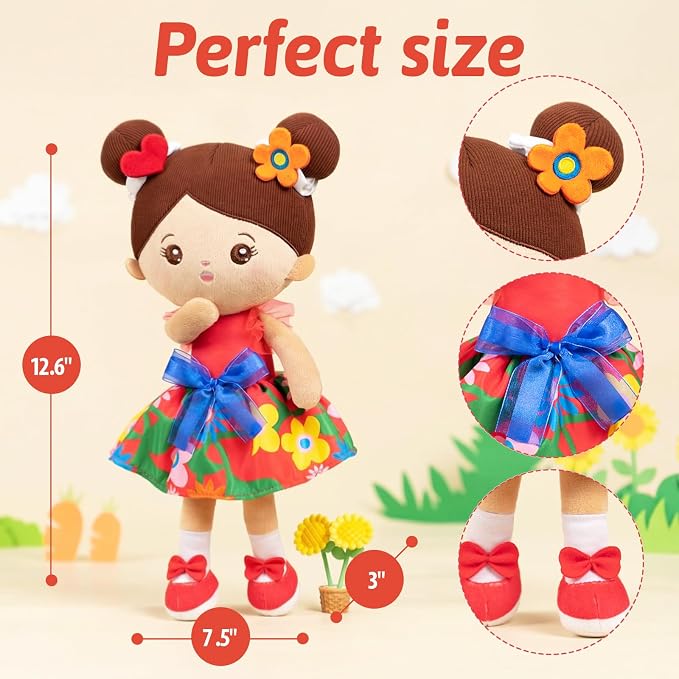 OUOZZZ 12.6" Soft Baby Doll - Toys for 1 Year Old Girl, Hispanic Baby Doll Ideal Birthday Baby Girl Gift, Snuggle Buddy for Infants Brown Skin