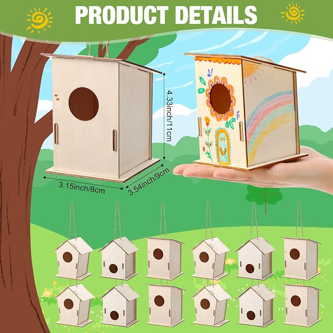 DoubleFill 12 Pcs Bulk Wooden Bird Houses Kits for Kids Mini Bird House for Craft DIY Unfinished Wood Birdhouse to Paint, Build for Children Wooden Arts Classroom Activity, 3 Styles