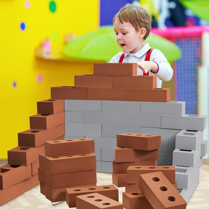 Deekin Foam Brick Building Blocks for Kids Thick Blocks Foam Large Fake Brick Construction Toy for Stacking Construction Gifts, 8 x 4 x 2.4 in(20 Pcs,Square Circle Holes)