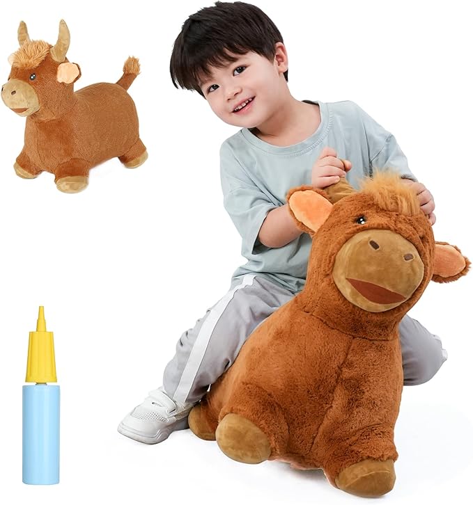 INPANY Bouncy Bull Hopping Toys - Toddler Brown Plush Cow Hopper, Kids Inflatable Farm Animal Hopper Horse, Outdoor Indoor Ride on Rubber Bouncer, Toys for 2 3 4 Year Old Boy Girl Birthday Gifts