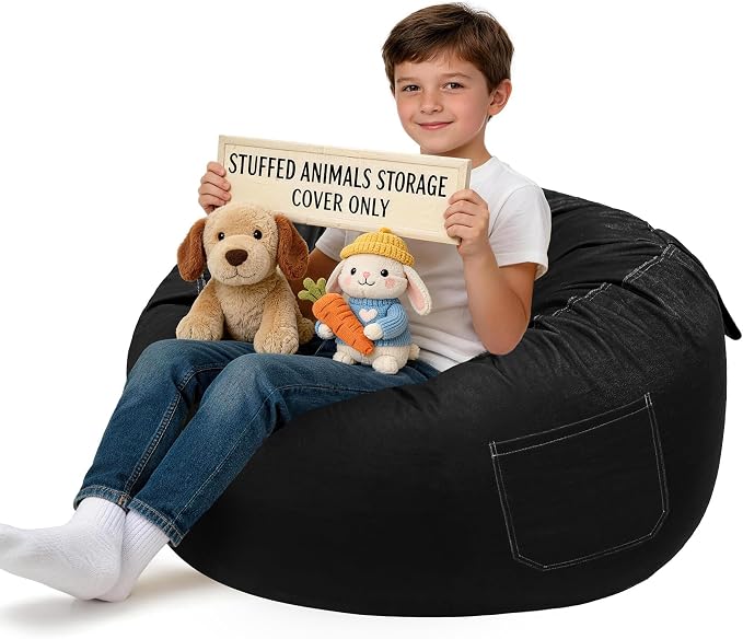 Lukeight Stuffed Animals Storage Bean Bag Chair Cover for Kids, Cozy Velvet Plush Toy Organizer Seat, Cover Only, No Filling Included, Long YKK Zipper, Side Pocket, X-Large 30 x 18 in