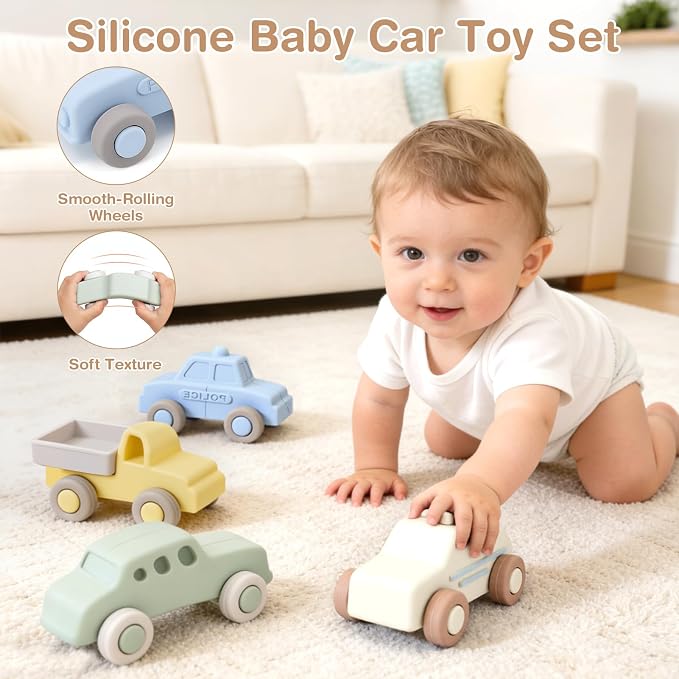 Vanplay Silicone Baby Car Toys with Storage Box - Soft Teething Toys for Babies 6-12 Months, Push & Pull Baby Toys for Toddlers, Birthday Gifts for Boys Girls（4 PCS）