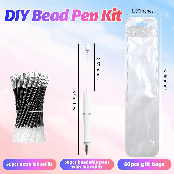 150 Pieces DIY Beadable Pen Kit – 50 Plastic Ballpoint Pens with Refills & Bags – School Supplies, Office Accessories & Decorative Items for Students & Teachers （White）