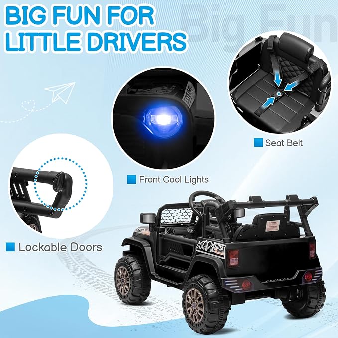 Winado 12V Electric Car for Kids, Ride on Truck for Toddlers with Remote Control, Battery Powered Kids Electric Vehicle to Drive w/Bluetooth, Soft Start, LED Lights - Black