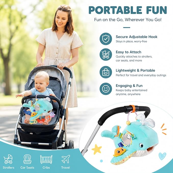 Baby Sensory Toys 6-12 Months - Montessori Ocean Adventure Set with Soft Whale & 6 Sea Animals, Rattle, Crinkle, Squeaker & Mirror for Fine Motor Development