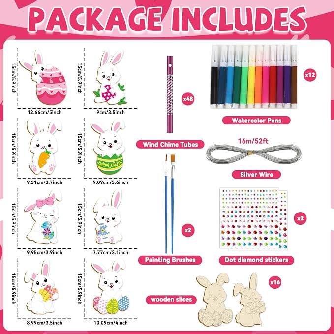gisgfim 16 Pack Easter Bunny Wind Chime Kits Easter Crafts for Make Your Own Easter Rabbit Wind Chime Wooden DIY Art and Crafts for Spring Party Hanging Decoration Supplies Birthday Favor