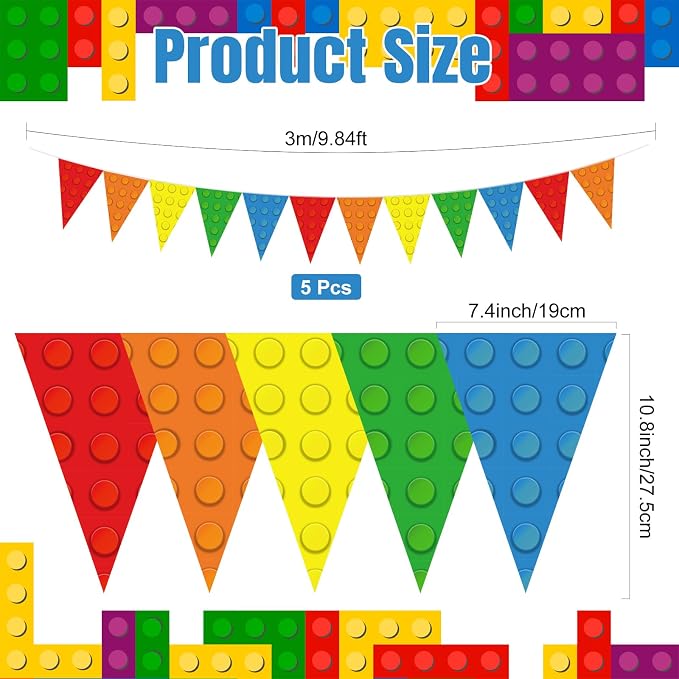 Tiamon 5 Pcs Building Block Birthday Party Decorations Colorful Blocks Bricks Triangle 49.2 Ft Flag Red Blue Yellow Pennant Banner Garland Streamer for Birthday Baby Shower Brick Themed Party Supply