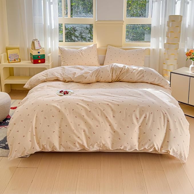 LIWHENHAO Cherry Duvet Cover Set Twin 100% Cotton Bedding Cartoon Red Cherries Ditsy Pattern on Beige 1 Cute Fruit Cottagecore Comforter Cover Zipper Closure 2 Pillowcases for Kids Girls Boys