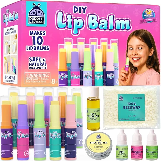 PURPLE LADYBUG DIY Lip Balm Making Kit - STEM Gifts for 10 Year Old Girl & Great 9 Year Old Girl Birthday Gifts - Science Kits for Kids Age 8-12, Make Your Own 10 Experiment Lip Balm with 3 Flavors